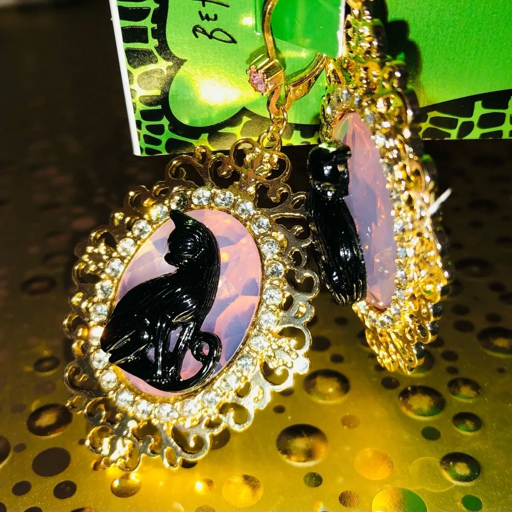 Authentic Betsey Johnson Earrings - Black Cat Gold Filigree Rhinestone Goth NWT